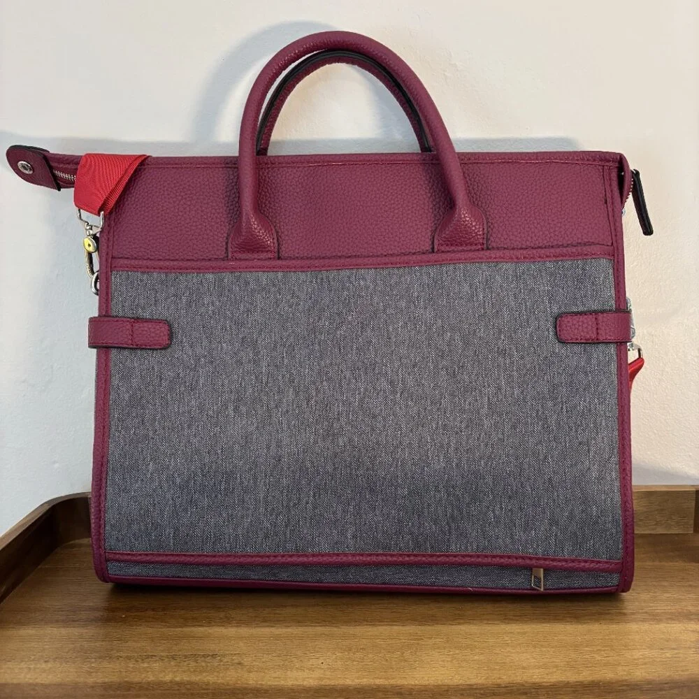 Setton Gray Fabric Burgundy Faux Leather Laptop Bag